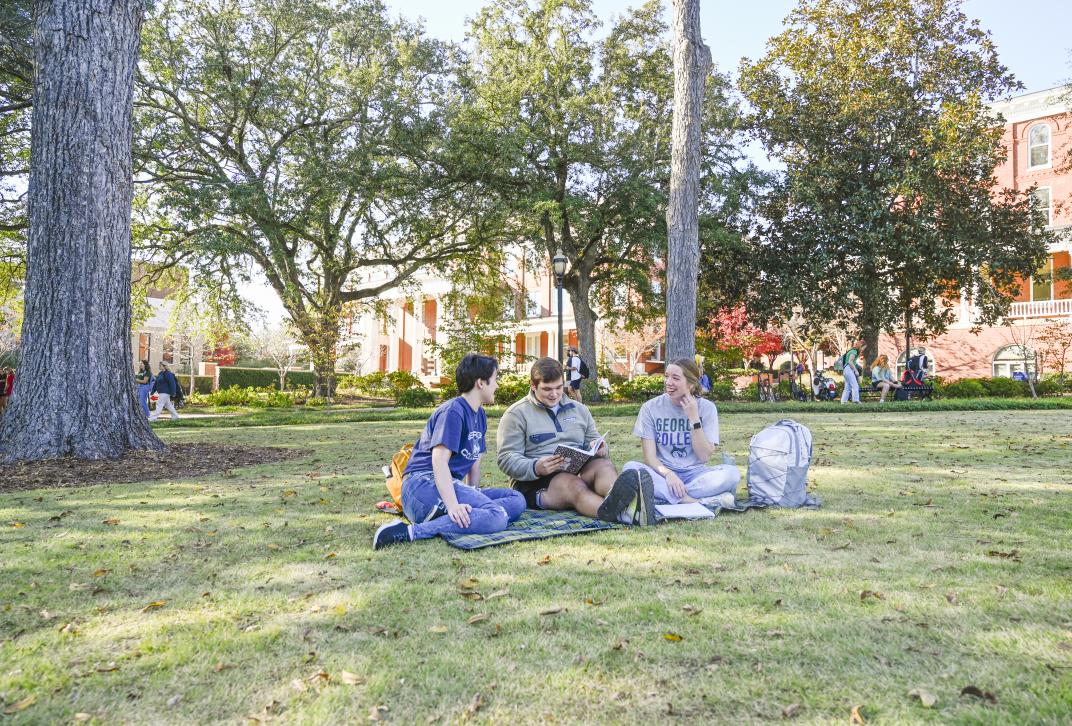 A group of students study and talk on front campus.