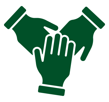 three green hands in a go team orientation