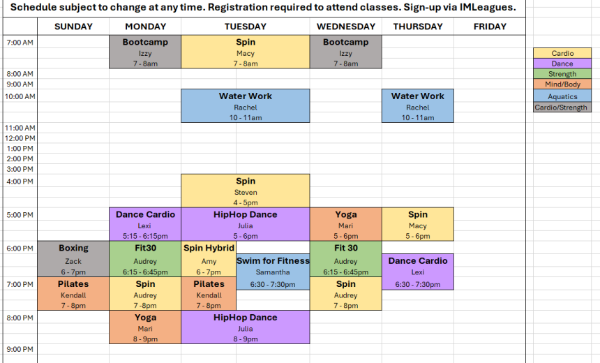 Spring 2024 Group Fitness Class schedule