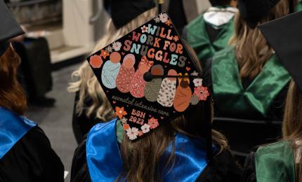 A graduate's cap that has newborn decorations and says "Will work for snuggles"