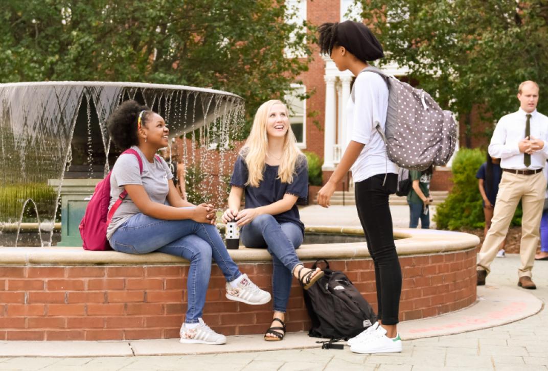 students talking at fountain