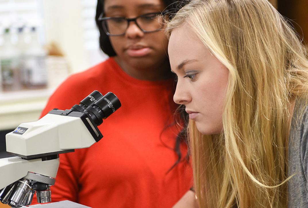 students peering through microscope
