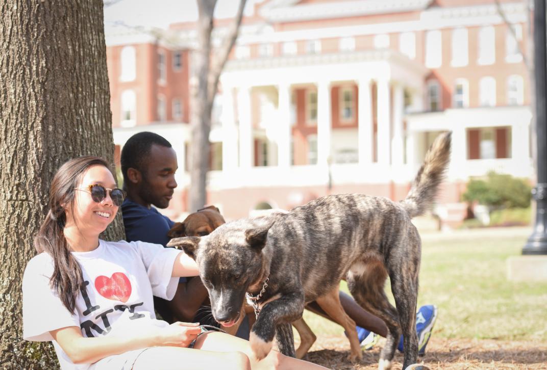 Two students resting on front campus with a dog.