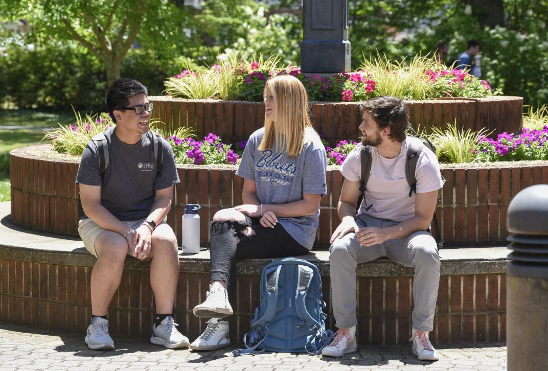 Three students sit and talk on a brick bench. There are purple flowers in the background.