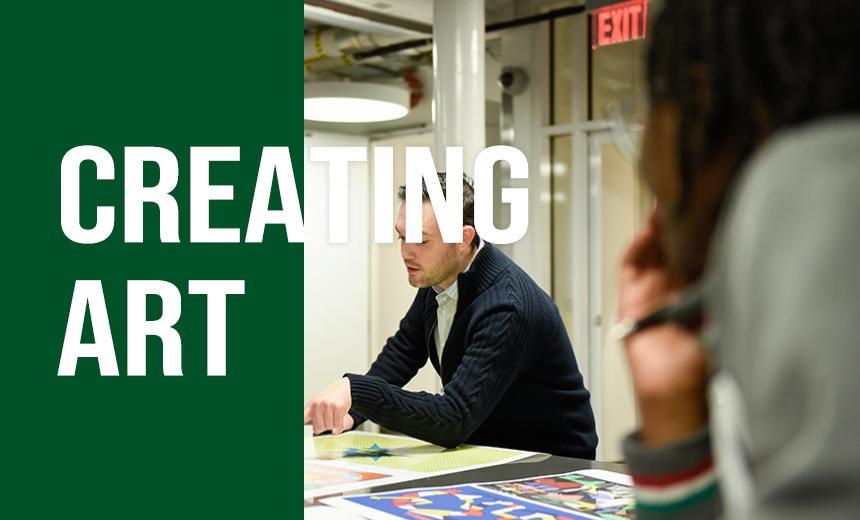 Students around art with "Creating Art" text