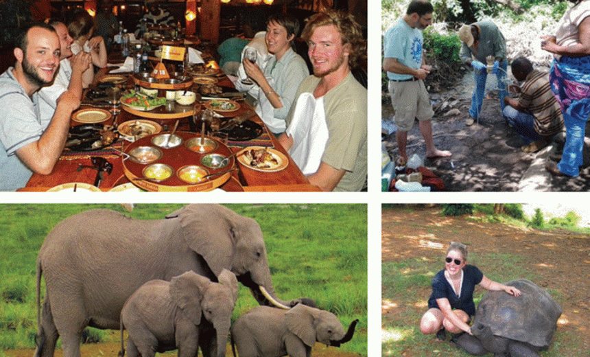 Image on the top left showing students having dinner, top right shows students and faculty collecting water samples in the field, bottom left show elephants at a Zambian national park, and bottom left shows a 100 plus-year old African tortoise 