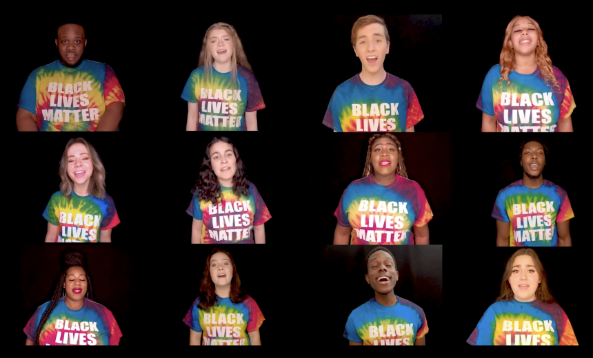 Group of actors singing while wearing shirts that say Black Lives Matter