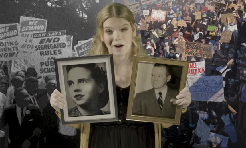 College student holds photos of grandparents in front of image of protestors