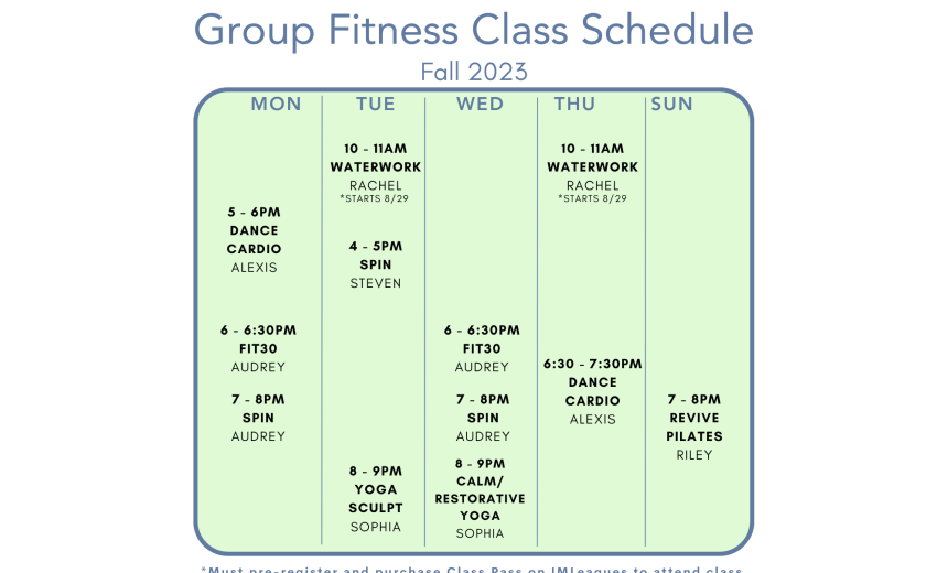 Fall 2023 Group Fitness Schedule for Wellness and Recreation Center