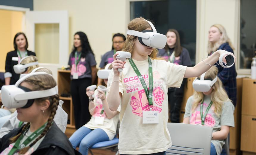 A student testing out a virtual reality headset