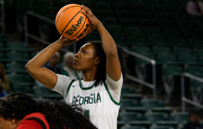 A Georgia College basketball player takes a shot