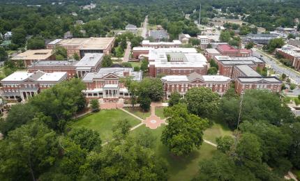 view from the sky of GCSU's main campus, showing the many brick buildings that make up the campus