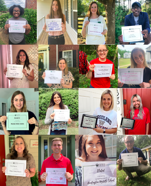 collage of students holding up signs of their future positions