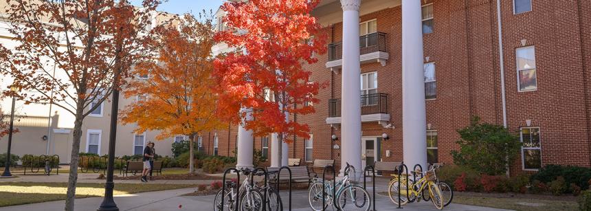 front of dorm in the fall