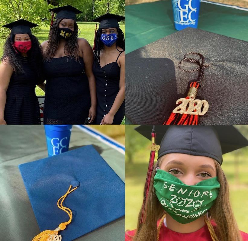 collage of grad caps and students in masks