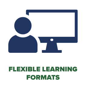 person icon with computer screen in background, text reads "flexible learning formats"