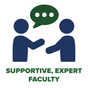 two people icons chatting, text reads "supportive expert faculty"