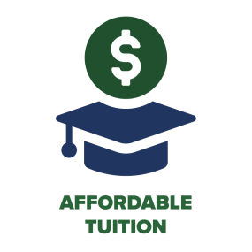 graduate hat with dollar sign, text reads "affordable tuition"