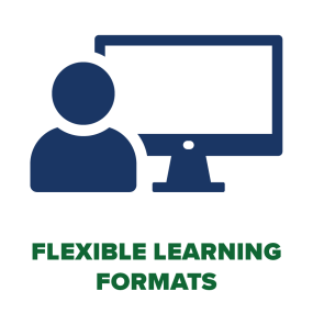 person icon with computer screen in background, text reads "flexible learning formats"