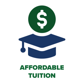 Grad cap with dollar sign. Text reads "Affordable Tuition"