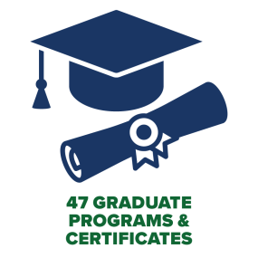 graduate hat with scroll in front. Text reads 47 graduate programs & certificates