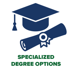 Cap and Gown with text that reads Specialized Degree Options