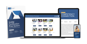 Computer, tablet, phone, and brochure with SHRM info on it