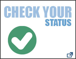 This is an image of a white box with a black border. Inside the box there is text that reads Check Your Status. Also inside the box, in the bottom right corner, is an arrow that links to the GC admissions status check page. This entire image is also linked to the admissions status check page.